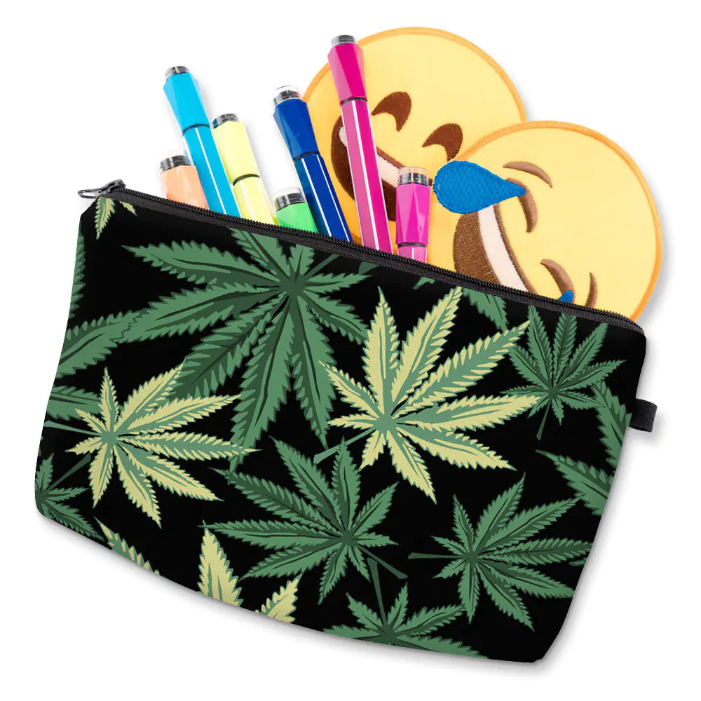 Waterproof Double Layer Cosmetic Bag with Printed Leaves